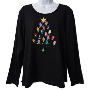 Quacker Factory Christmas Shirt XL Beads Embroidery Lights Holiday Tree Black